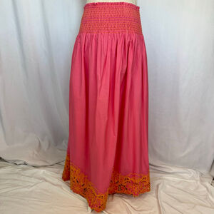NWOT By Anthropologie Pink Maxi Skirt Smocked Yoke Cutwork-Hem Women's M